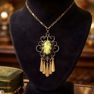 Vintage Green/Yellow Glass Centre Copper Paper Clip Necklace